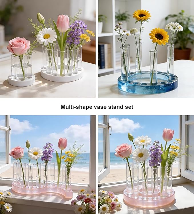 Flower Vase Resin Molds Silicone， Circular and Curved Silicone vase Base+32 Flower Arranging Test Tubes, Suitable for Inserting Fresh Flowers and Cultivating Plants, Desktop Vases Home Decor (A)