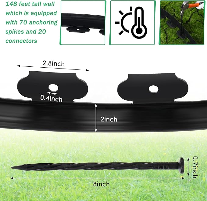 Queekay 148FT 2 Inch Tall Landscape Edging Kit with 70 Spikes 20 Connectors Plastic Garden Landscape Edge Border Flexible Landscaping Edging for Lawn Garden Yard Flower Bed(Black,2 Inch)