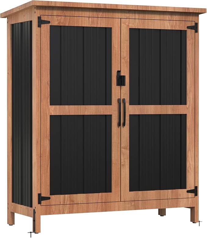 Greesum Outdoor Storage Cabinet with Adjustable Shelf, Wood & Metal Garden Storage with Lockable Doors, Weatherproof Shed for Tools, Lawn Equipment, Pool Accessories, Black