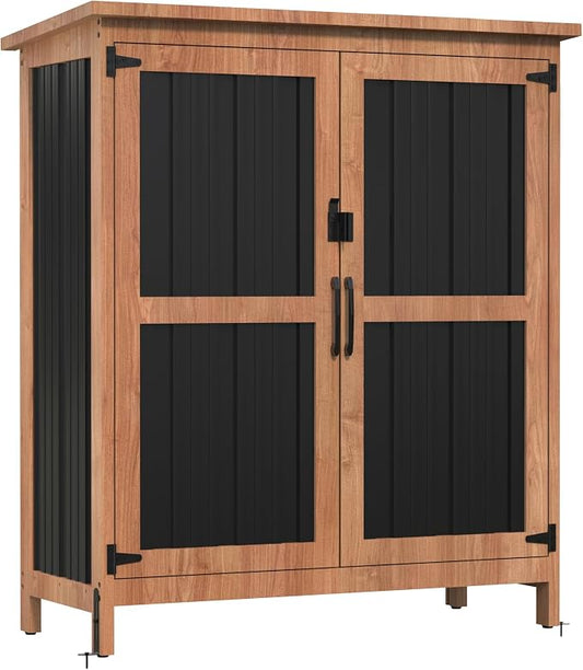 Greesum Outdoor Storage Cabinet with Adjustable Shelf, Wood & Metal Garden Storage with Lockable Doors, Weatherproof Shed for Tools, Lawn Equipment, Pool Accessories, Black