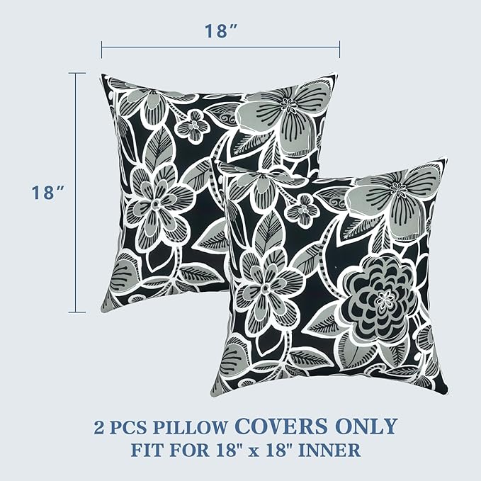 LVTXIII 2 Pack Outdoor Pillow Covers ONLY 18x18 Inch, Water-Repellent Square Decorative Cushion Covers for Patio Furniture, Garden, Sofa, Flower Black
