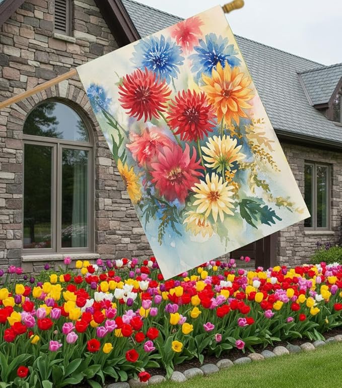 Seasonal Watercolor Summer Spring Floral Flowers Colorful Dahlias House Flag 28 x 40 Inch, Double Sided Large Garden Yard Welcome Flags Banners for Home Lawn Patio Outdoor Decor