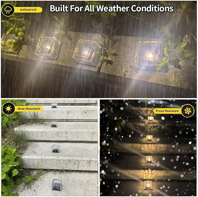 4 Packs of LED Solar Powered Small ice Bricks Lights, Warm Light Outdoor Courtyard Decorative Tile Stone Lights Wireless Twilight to Dawn Waterproof Garden Road Landscape Lamp.
