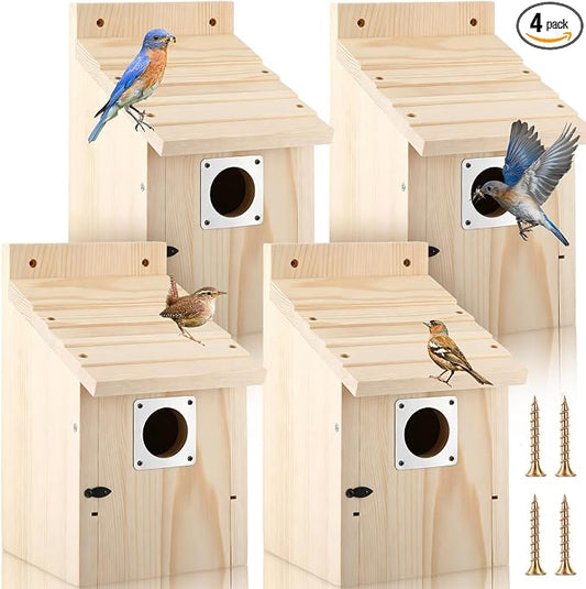 Dreyoo 4 Pack Bluebird Houses for Outside with Metal Predator Guard, 1-1/2" Entrance Hole Wooden Blue Bird Houses for Outdoors, Bluebird Nesting Box(Wood)