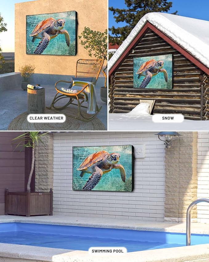 Ocean Sea Turtle Nautical Map Outdoor TV Cover 55 Inch Weatherproof, 600D Thick Waterproof Screen Protector With Zipper for 52 to 55 Inch Screens Outside