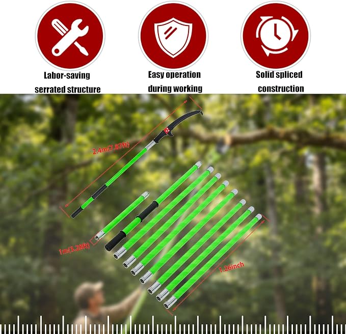findmall 30ft Manual Pole Saw Extendable Tree Pruner Sharp Steel Blade High Branches Trimming for Pruning Palms and Shrubs with 9 Long Handles No with Scissors Green