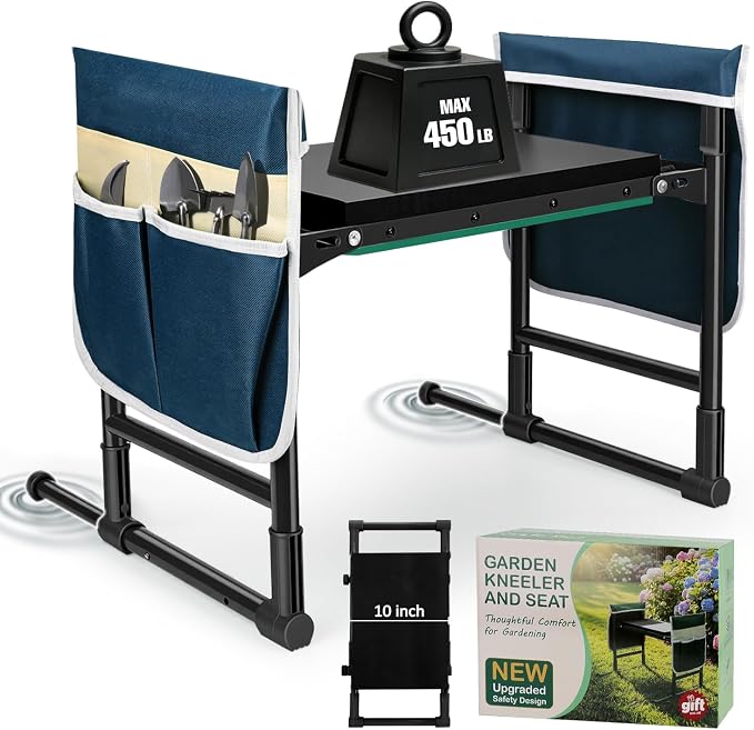 Garden Kneeler and Seat for Seniors – Heavy Duty Anti-Tip Gardening Stool with Widened Thick Soft Kneeling Pad, Foldable Garden Bench with Sturdy Handles, Gardening Gifts for Women Men Mom (Blue)