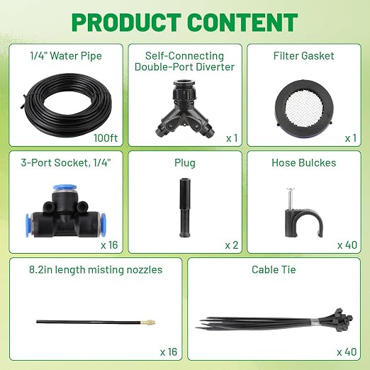 360° Adjustable Micro Drip Irrigation System, 16 Brass Sprinkler Heads & Bendable Stems, Automatic Watering Kit with 1/4" Tubing for Raised Bed, Lawn, Vegetable & Outdoor Plants (200ft)