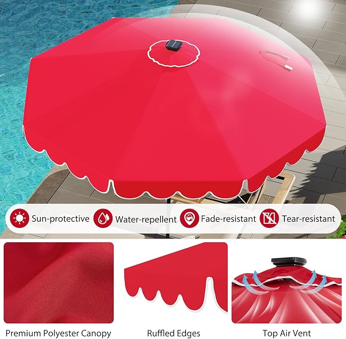 Tangkula 10FT Solar LED Patio Umbrella, 2-Tiers Scalloped Outdoor Table Market Umbrella with 24 LED Lights, Vented Top, Tilt Adjustment, Crank, 8 Ribs for Backyard Poolside Deck Beach Lawn (Red)