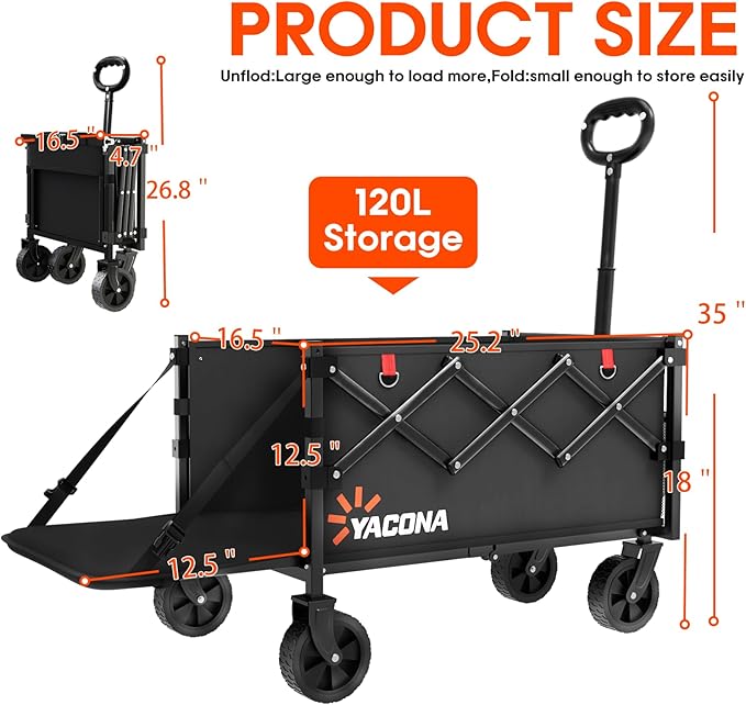 Yozoia 360LBS Heavy-Duty Wagons Carts Foldable 120L Collapsible Wagon Cart with Wheels and Tailgate, Folding Utility Wagon Carts for Groceries, Outdoor Camping, Shopping, Beach, Garden