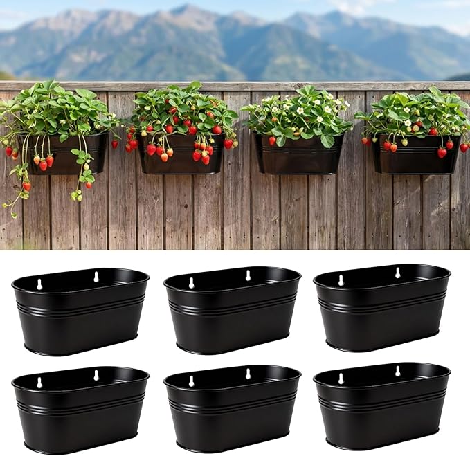 LaLaGreen Wall Planter (11.8 Inch, 6 Pack) Black Oval Metal Wall Hanging Decor Plant Holder for Mounted Indoor Flower Pots Balcony Railing Fence Window Decoration Porch Plants Pot Baskets Planters