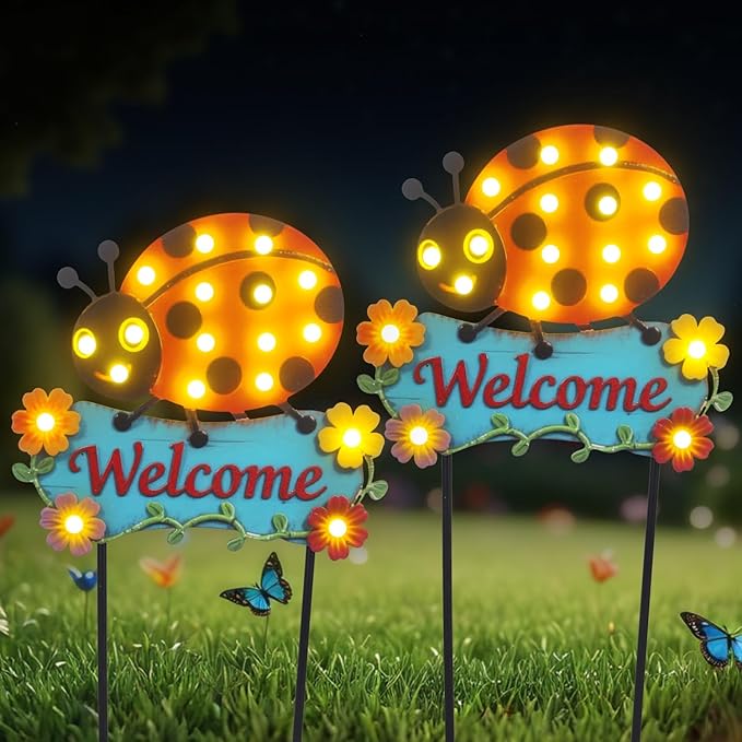 Garden Stakes Decorative 43.3inch with Large Metal Welcome Sign, Solar Pathway Lights Outdoor Waterproof with 18 String Bulbs for Spring and Summer Decor, Ladybug Lawn Ornaments