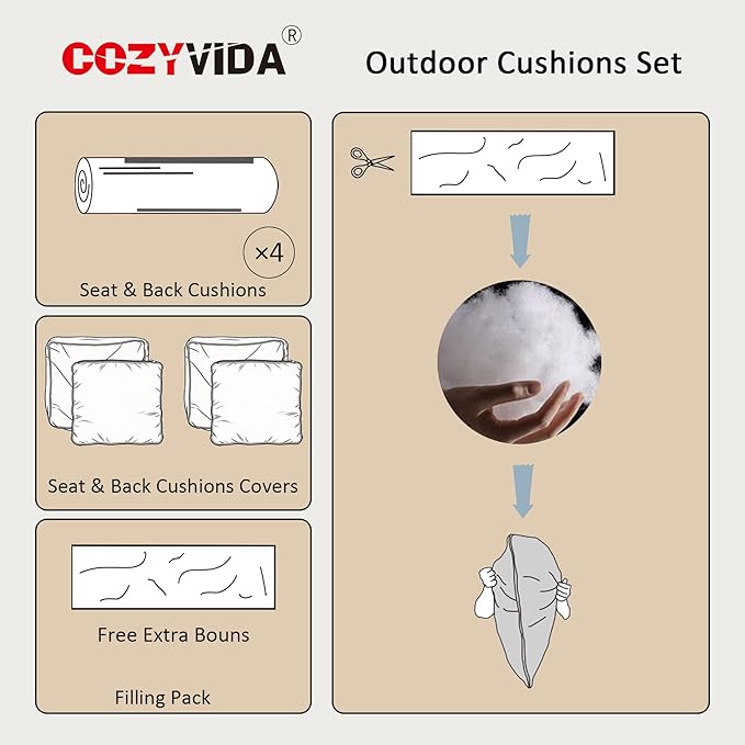 COZYVIDA Outdoor Deep Seat Cushion Set of 2, 22"x24" Seat & 23"x19" Back, C0 Water-Resistant Breathable Fabric, UV-Resistant 1000+ Hrs, 30D Foam with Recycled Fiber Fill,Beige