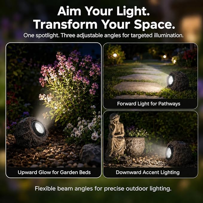 Solar Rock Lights Outdoor, IP65 Waterproof LED Solar Spotlights, Realistic Stone Garden Lights with Adjustable Angle & Auto On/Off, Solar Landscape Pathway Lights for Yard, Walkway, Patio (2 Pack)