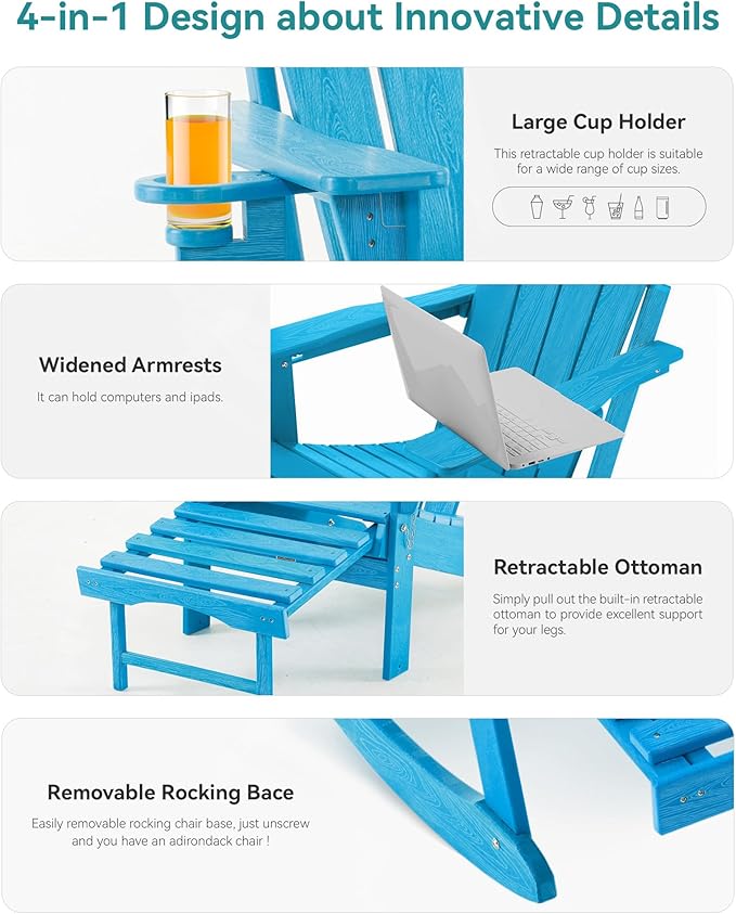 Adjustable Adirondack Rocking Chair with Retractable Ottoman,4-in-1 Multifunctional Folding Patio Chair with Cup Holder, Outdoor Chair Wood Texture for Lawn,Porch, Backyard,Pool(Pacific Blue)