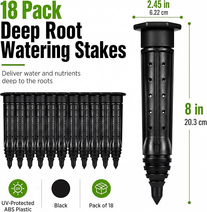 Junkin 18 Pack Tree Watering Stake Large UV Protected ABS Plastic Deep Root Irrigation Spike for Garden Shrubs Bushes Shrubs Flowers Fruits Vegetables Potted Plants (8 Inch)