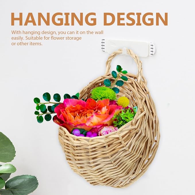 Rattan Woven Hanging Basket 9X7X3.5 Inch Wall Planter for Indoor Outdoor Use Wicker Wall Basket for Plants and Artificial Flowers Decorative Storage Organizer