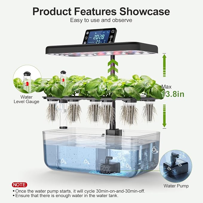 12 Pod Hydroponic Indoor Garden Kit Black with LED Grow Light, Herb Growing System with Seed Starter Kit, Compact Countertop Planter