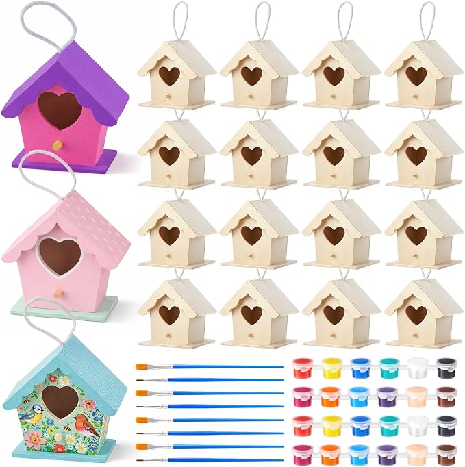 Joyfolk 20 Pcs 3.7" Wooden Heart Birdhouse Kits Valentines DIY Art Painting Bird House Craft Kit Unfinished Wood Bird Houses to Paint with Paints Brushes Gift for Garden Yard Projects Decor Gifts