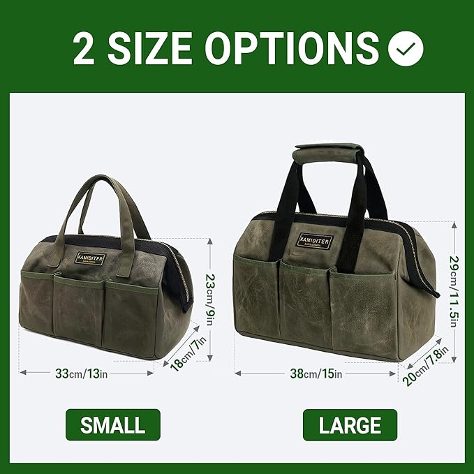 13-inch Tool Bag, Heavy Duty Wide Mouth Water-Resistant Tool Bag, Tool Tote with Handle for Tools, Wrenches, Screwdrivers (13 X 7 X 9 inch) | ArmyGreen