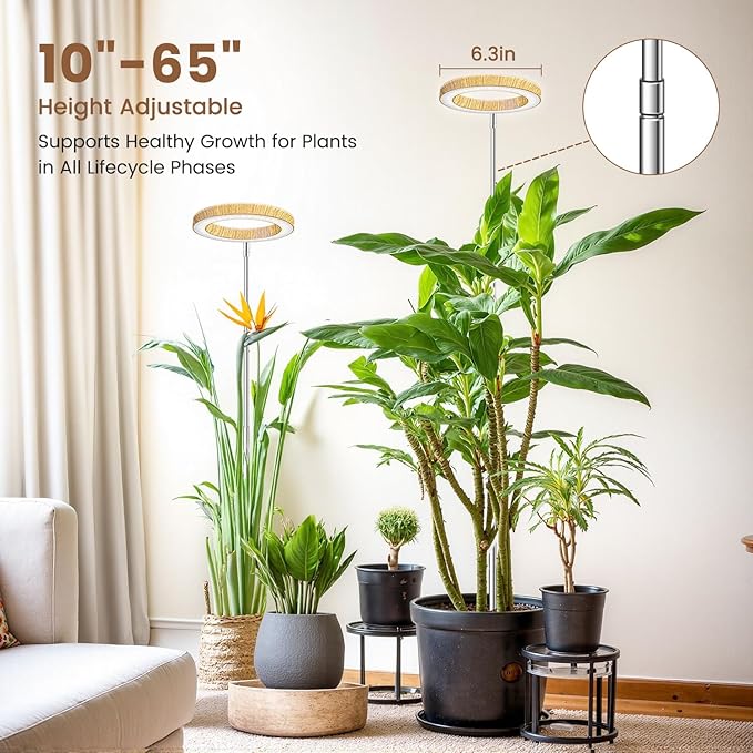 Aokrean Grow Lights for Indoor Plants, Full Spectrum Plant Lights for Indoor Growing, Height Adjustable 10"-65" Faux Wood Grain Grow Lamp with 6/12/16H Timer, 3 Optional Spectrums, 5 Brightness