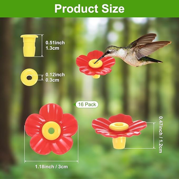 M METERXITY 16-Pack Hummingbird Feeder Replacement Flowers, Plastic Pet Hummingbird Feeding Parts Feeding Ports for Outdoor Hanging Feeders, Bees Guards [Red]