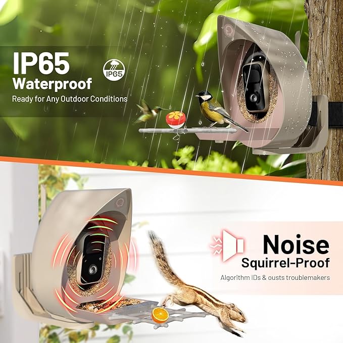Bird Feeder with Camera Solar Powered, Smart Birds Feeder for Outside, AI Bird Identification Auto Capture Videos Pictures, 2K Live Feed Cam for Backyard, Ideal Gift for Birds Lover (Brown)