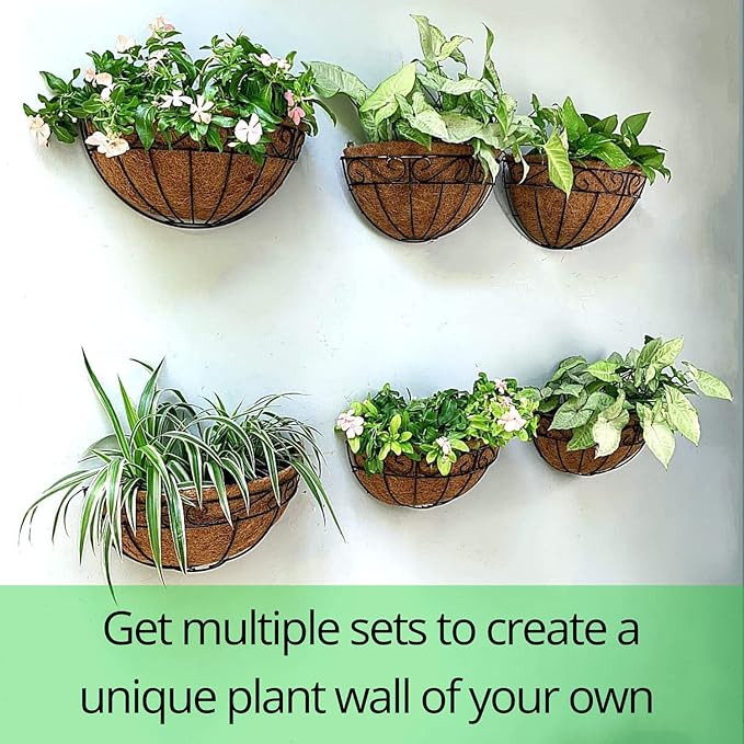 LalaGreen Bundle - 14" x 2 Pack + 14" 2 Pack Hanging Flower Baskets with Coco Liner in Two Different Designs Herb Pot Holder Rail Planter Outside Railing Deck Vertical Garden Wire Pots