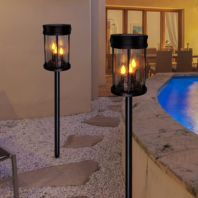 Outdoor Garden Solar Stake Lights Flickering Candle Lantern Lighting for Yard, Lawn, Patio, Pathway, Wall Decoration (2Pack, Black)