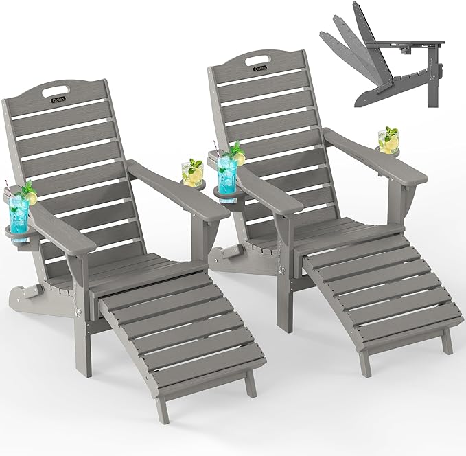 Ciokea Folding Adirondack Chair with Retractable Ottoman Fire Pit Patio Chair with Pull Out Foot Rest Weather Resistant Lawn Outdoor Chair with 2 Cup Holder (Grey Set of 2)