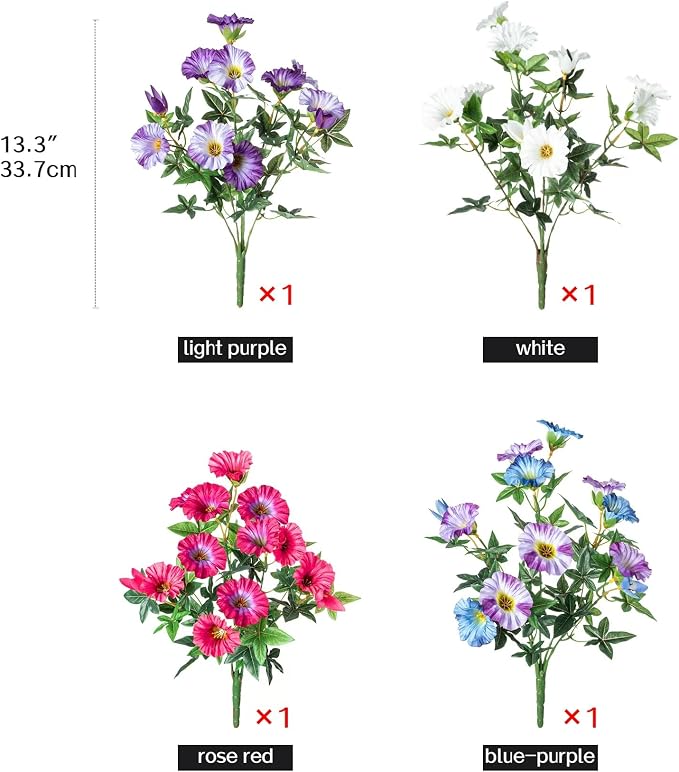 Colorful Artificial Morning Glory Flowers for Outdoor Planters, Premium UV Resistant Silk Faux Flowers for Porch, Hanging Basket & Window Box, Vibrant Garden Decor, No Pot, 13.3 Inch, 4 Bundles