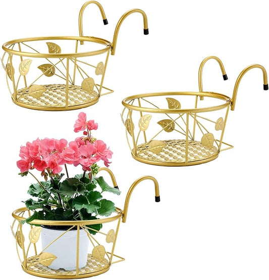 3 Pack Hanging Planter Holders, Golden | Heavy Duty Metal, For Balcony Railings, Indoor Outdoor Use, Deck Fence Garden Patio Porch