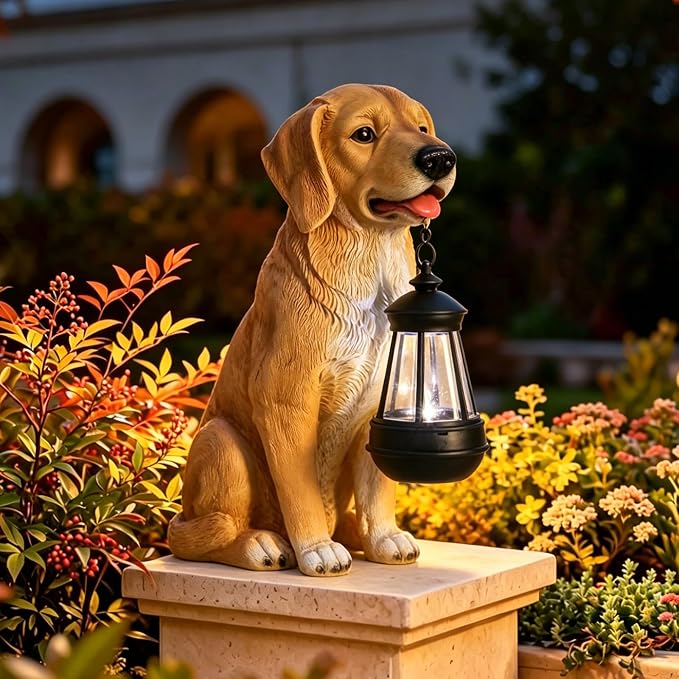 Garden Dog Statues Outdoor Decor, Golden Retriever Yard Outdoor Statue with Solar Lantern Lights Decorations Solar Dog Ornaments for Patio, Lawn, Yard Art Decoration, Housewarming Garden Gift for Mom