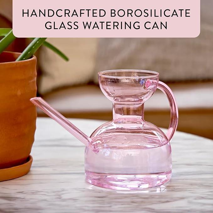 Modern Sprout Plant Watering Can - Handcrafted from Borosilicate Glass - Long Spout Vessel for Indoor Plants - 32 Oz Capacity - Multipurpose Watering Can and Flower Vase for Houseplants (Blush)