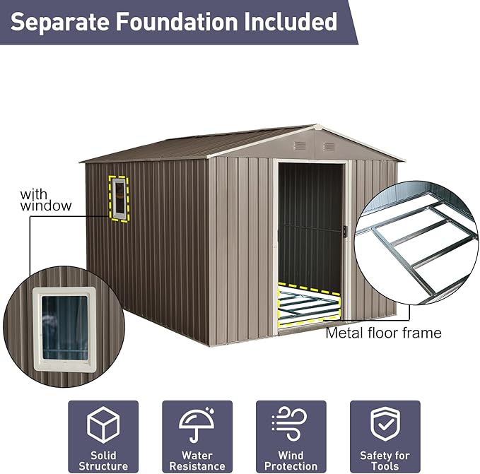 KEIKI 8x10 FT Outdoor Metal Storage Shed with Peaked Roof,Vents,Window and Metal Foundation for Garden Yard