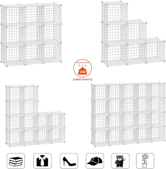 HUBSON Wire Cube Storage Organizer, Book/Toy/Craft/Potted Plants and Pet Closet Organizers, 16-Cube Freely Combinable Metal Grid Storage Shelves, White Plus Iron