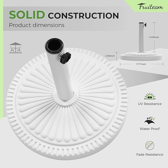 FRUITEAM 33-lbs Round Patio Umbrella Base Pre-Filled Umbrella Stand 15" Sun-Flower-Pattern Heavy Duty Market Umbrella Base Stand for Patio, Outdoor, Swimming Pool, White