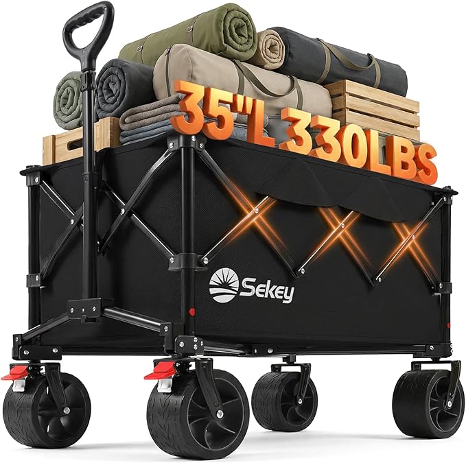 Sekey 150L Wagons Carts Foldable with Big All-Terrian Beach Wheels, Collapsible Heavy DutyWagon, Extra Large Folding Wagon,Foldable Wagon for Camping, Garden, Sports. Black