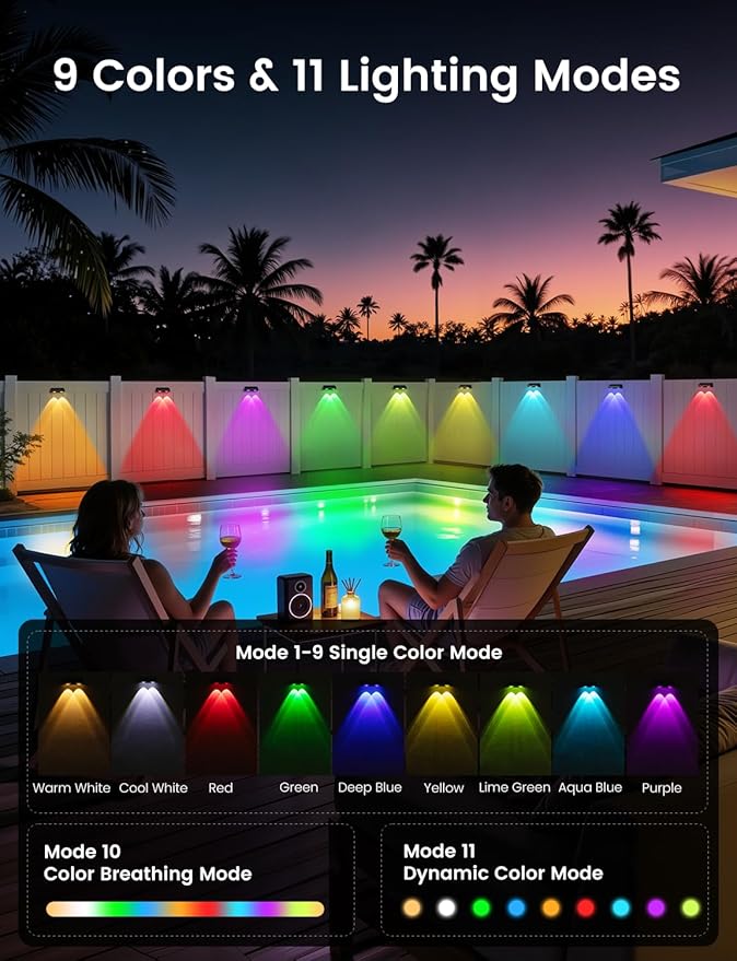 Solar Fence Lights Outdoor, 16 Pack Color Changing Fence Lights Solar Powered with 9 RGB Colors & 11 Lighting Modes, IP65 Waterproof Dusk to Dawn Fence Lights for Patio, Deck, Wall, Backyard