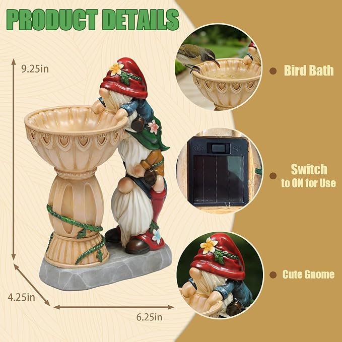Sheaifun Garden Gnomes Outdoor Gnomes Garden Decorations for Yard Colorful Lights Resin Solar Outdoor Statues with Bird Bath Feeder Outside Lawn Patio Housewarming Gift for Women 6.25x4.25x9.25 Inch