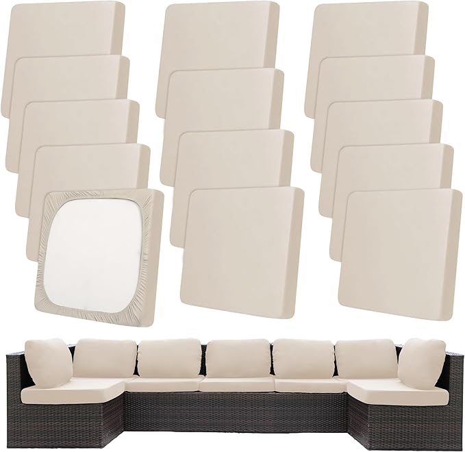 14Pcs Patio Cushion Covers,Outdoor Cushions Covers,Stretch Cushion Covers Replacement, Washable and Reusable Furniture Protectors(Beige)