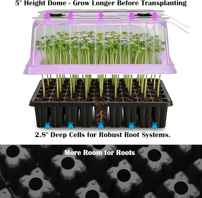 Seed Starter Tray with Grow Lights - 3-Pack 54 Cell Seedling Starter Kit, 5" Tall Humidity Dome & 2.8" Deep Cells, 96-LED Full Spectrum Plant Light with Timer/Dimmable, Reusable Germination Station