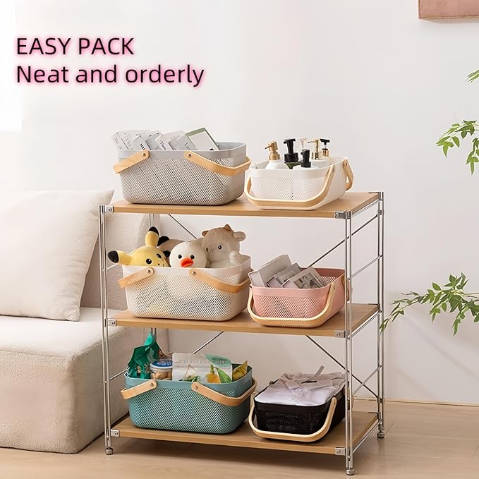 3pcs Collapsible Wooden Handle Plastic Harvest Basket - Rectangular Garden Storage Basket for Picking and Collecting Vegetables, Fruits - Ideal for Garden Cabinets & Outdoor Use (Gray)