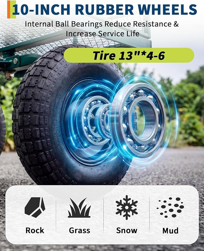 Garvee Versatile Outdoor Utility Cart-1000LBS Heavy-Duty, 13" All-Terrain Pneumatic Tires, Vehicle-Connectable, Easy Maneuverable Lawn Cart with Removable Mesh Panels for Gardening & Landscaping,Green
