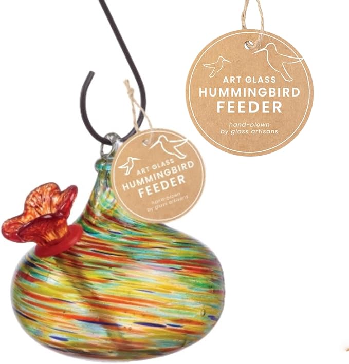 Red Carpet Studios Hummingbird Feeder Hand-Blown Art Glass, Hanging Birdfeeder with Red Flower Feeding Port, 5.5" Teardrop Green