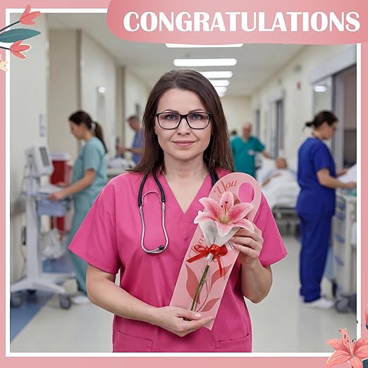 Eaasty 24 Set Nurses' Day Themed Single Lily Card Sleeve Gift Packaging Flower Holder with Floral Water Tubes Ribbon and Tissue Paper for Flower Packing