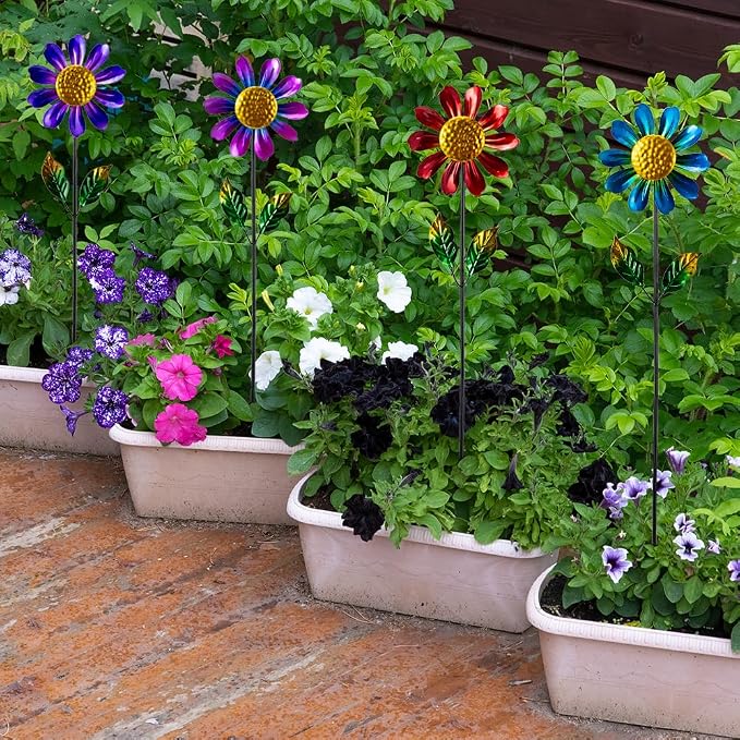 4 Pack Wind Spinner Outdoor,Waterproof Metal Flowers Windmill,Pinwheels for Yard and Garden, Flower Wind Sculpture & Spinner for Patio Lawn Decor