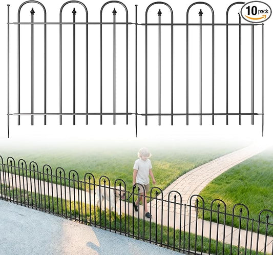 Garden Fence Animal Barrier - 10 Panels, 32 in(H) x 24 ft(L) No Dig Garden Fence, Arched Decorative Garden Fence Border with Ground Stakes, Rustproof Metal Fencing for Yard Patio Dog Rabbit