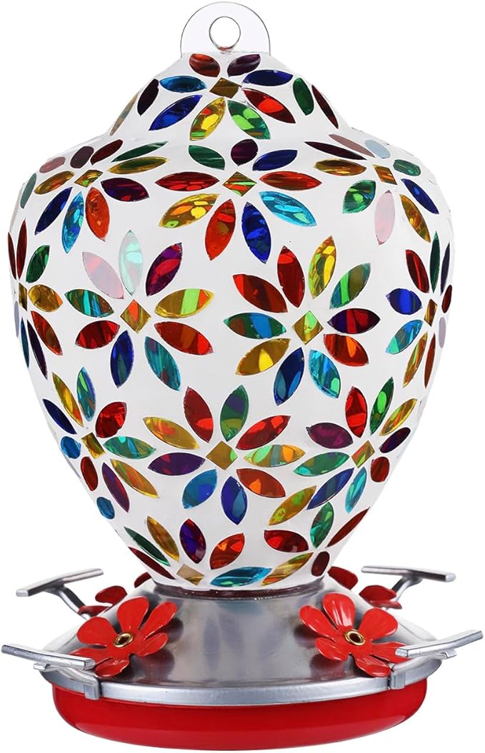 VOREEN Glass Mosaic Hummingbird Feeders, 35OZ with Ant Moat & 4 Feeding Ports, Hand Blown Glass Outdoor Hanging Porch Garden Backyard Decor, Mom Wife Friend'Gift, Flowers Design