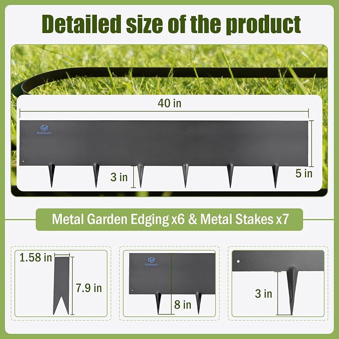 20ft. Metal Edging for Landscaping, Black Galvanized Steel Landscape Edging with 7 Stakes and a Pair of Gloves, Bendable Hammer-in Metal Lawn Edging for Fence, Flower Beds (6 Pack, 40" L x 8" H)